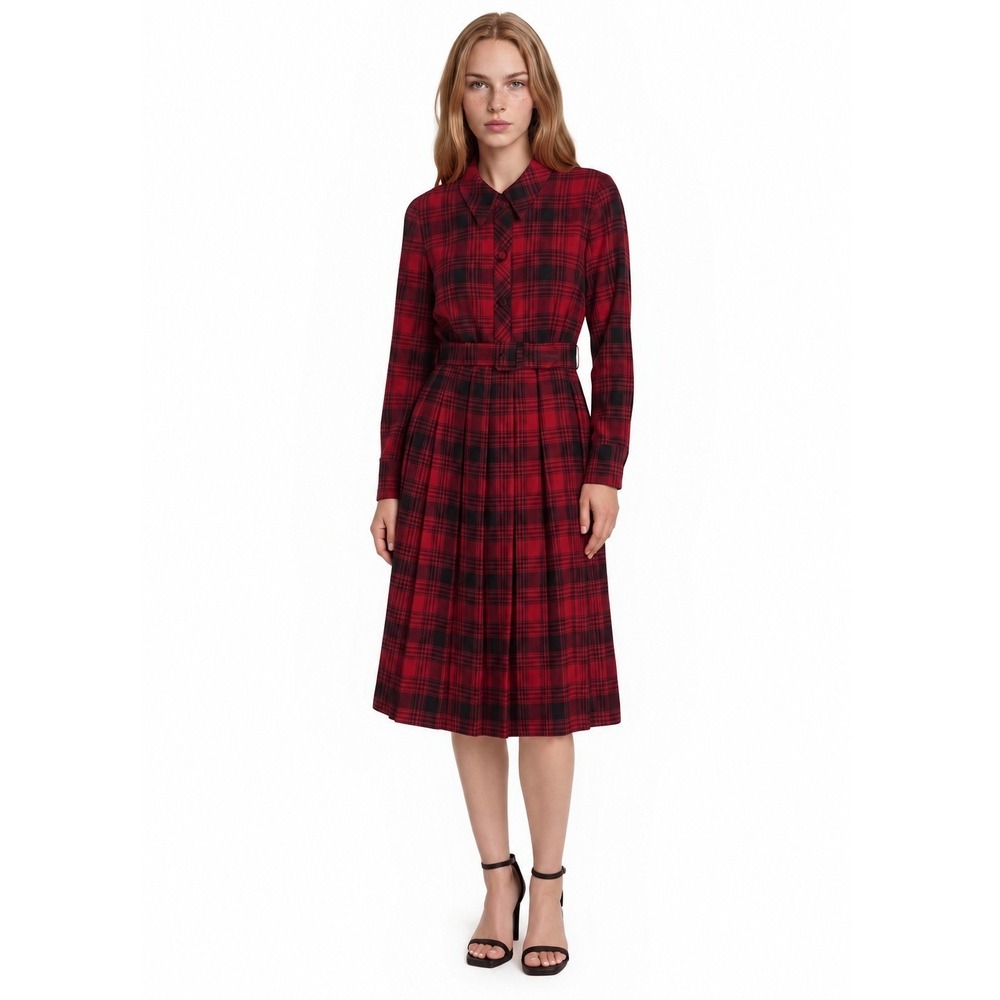 Talbots Plaid Midi Dress Women's Size 10 Petite Red Long Sleeve Pleated Vintage